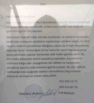 Valideyn Komitələri məktəblərdə “8 mart pulu” yığır 